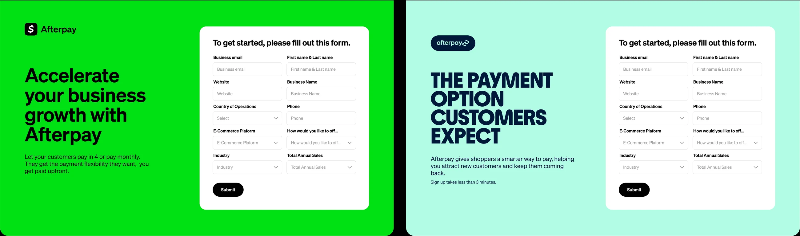 The same sign-up page in two regional brands: Afterpay in green, Clearpay in mint, each with the lead form beside the headline