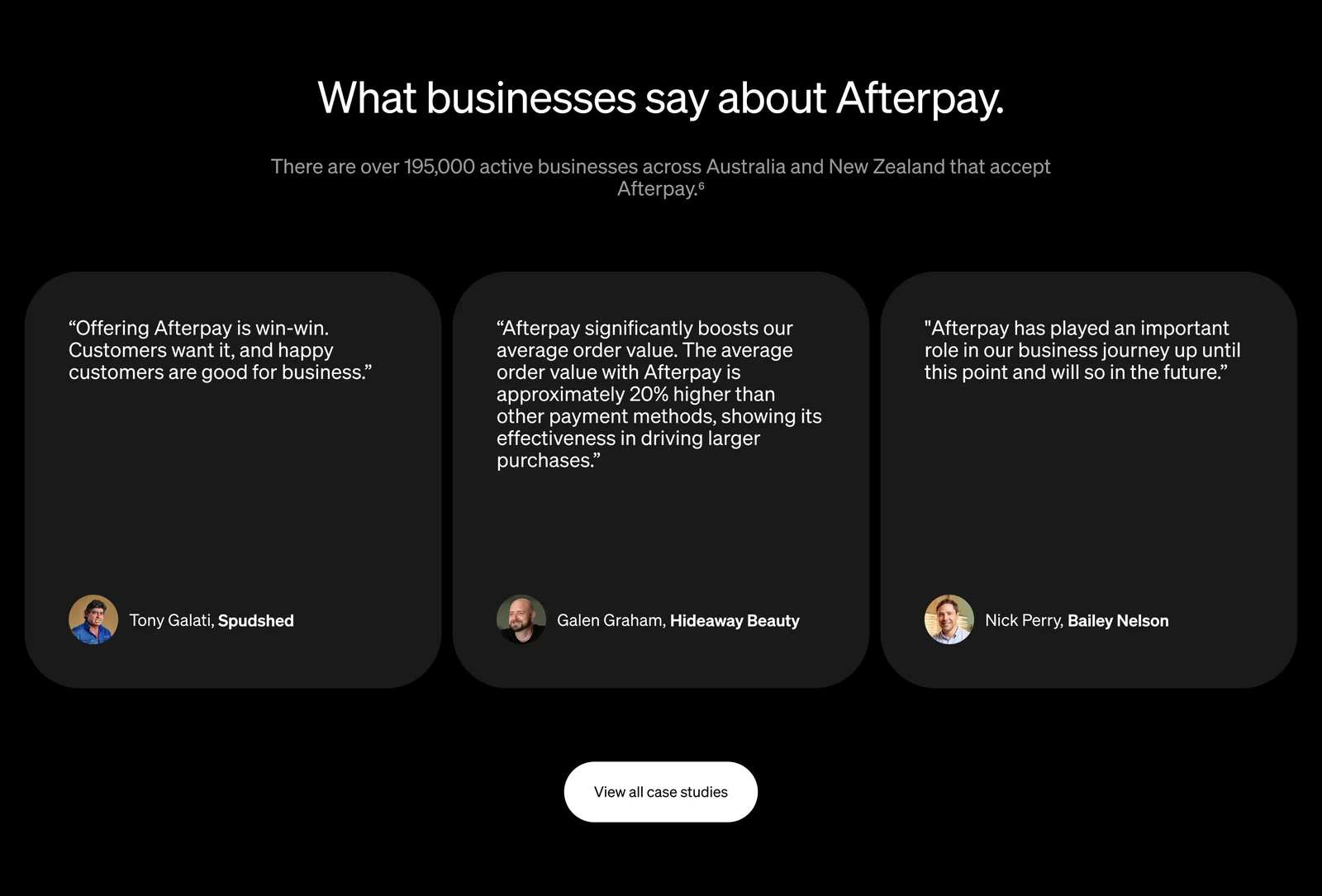 What businesses say about Afterpay: three quote cards, each with the person’s photo, name and business