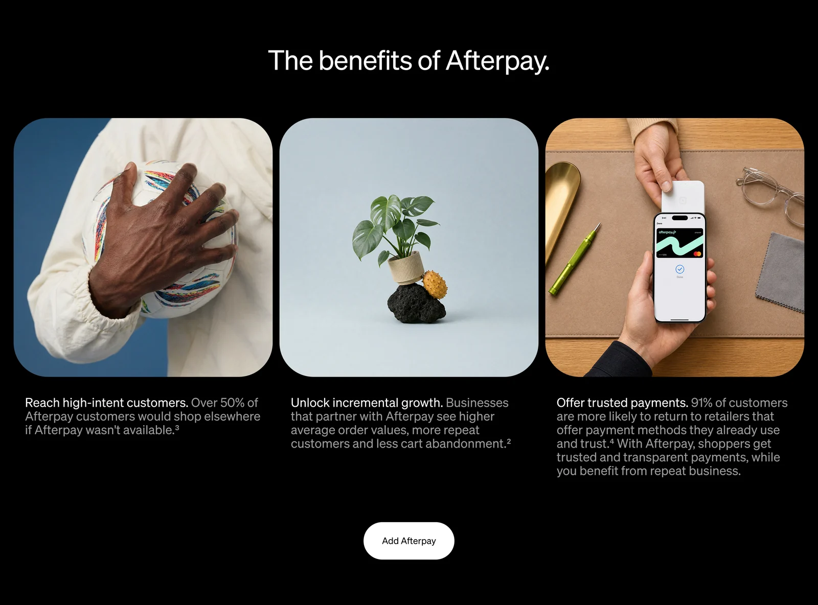 The benefits of Afterpay: three image cards, each with a bold lead-in followed by grey supporting copy