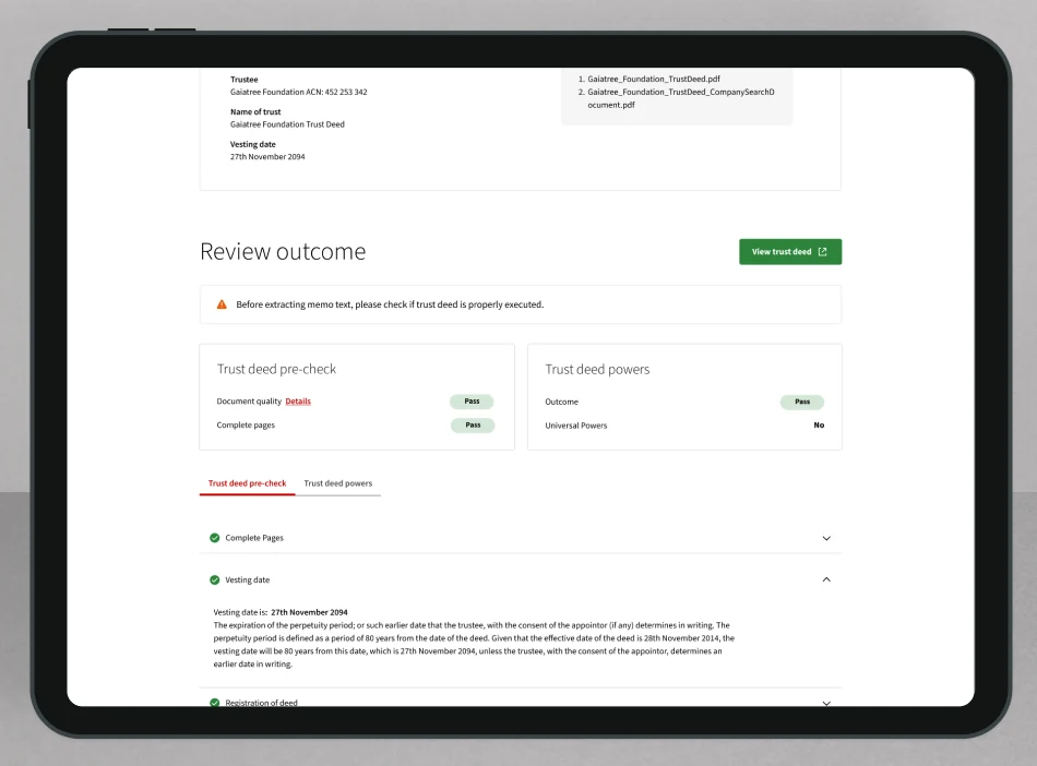 Trust deed pre-check tab with the vesting date expanded to show how it was worked out