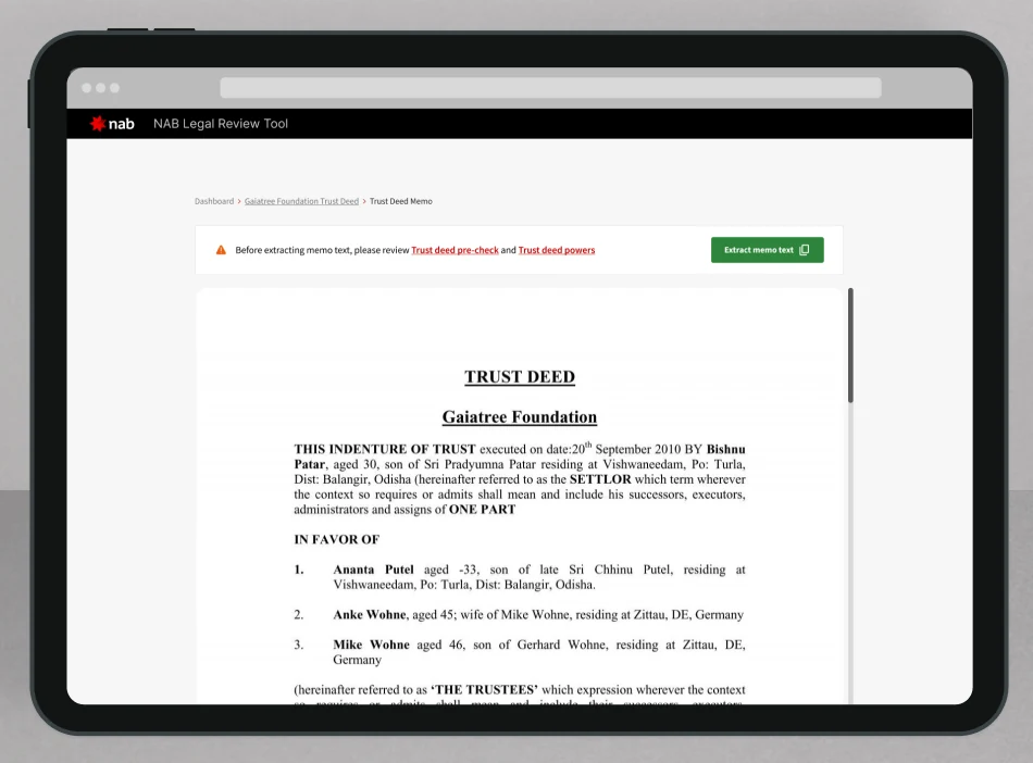 The trust deed document open in the tool with an Extract memo text button
