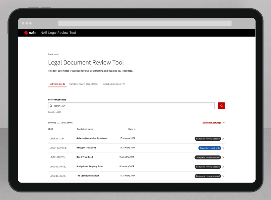Legal Document Review Tool dashboard listing trust deeds