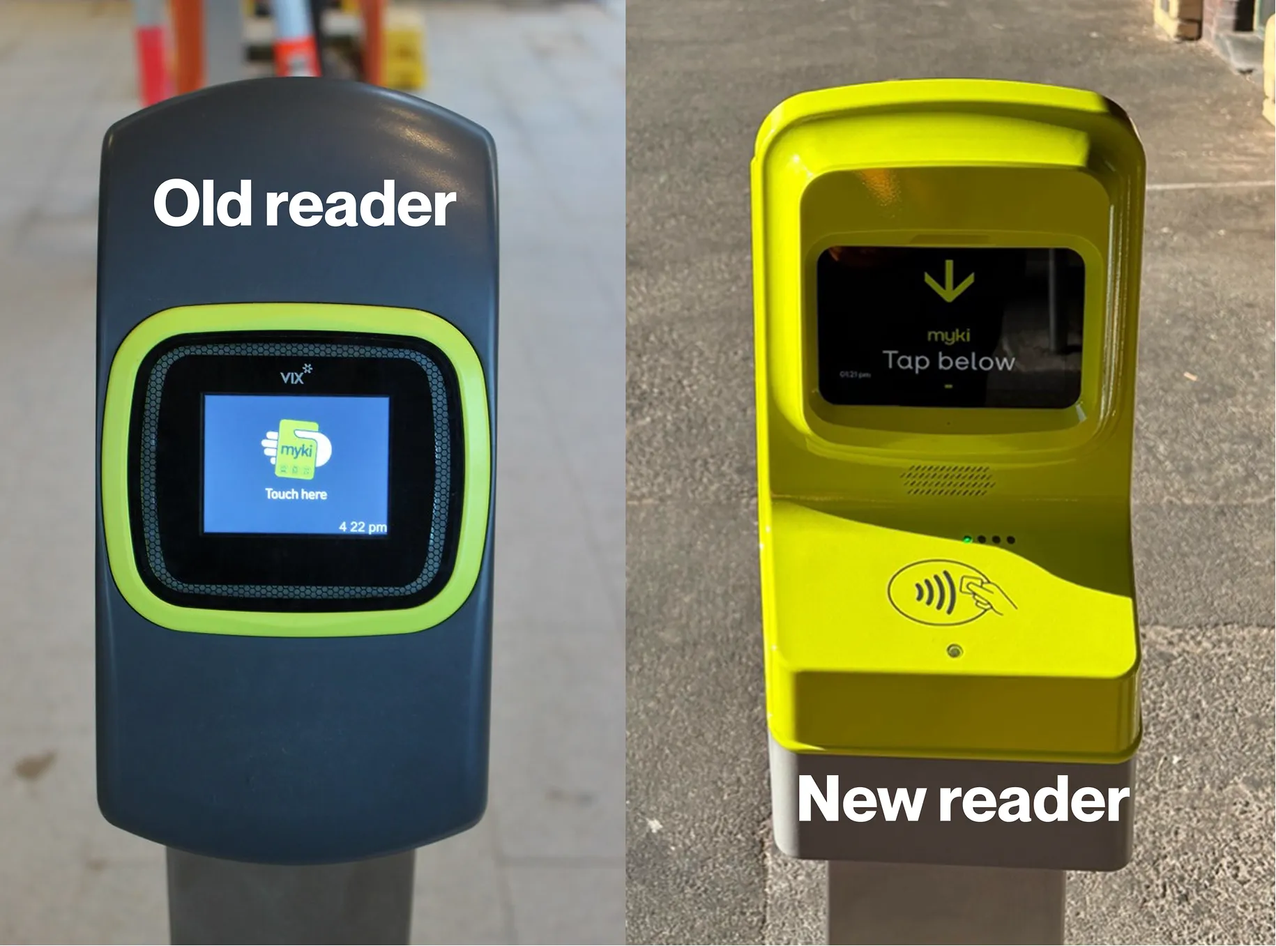 Old myki reader beside the new yellow reader