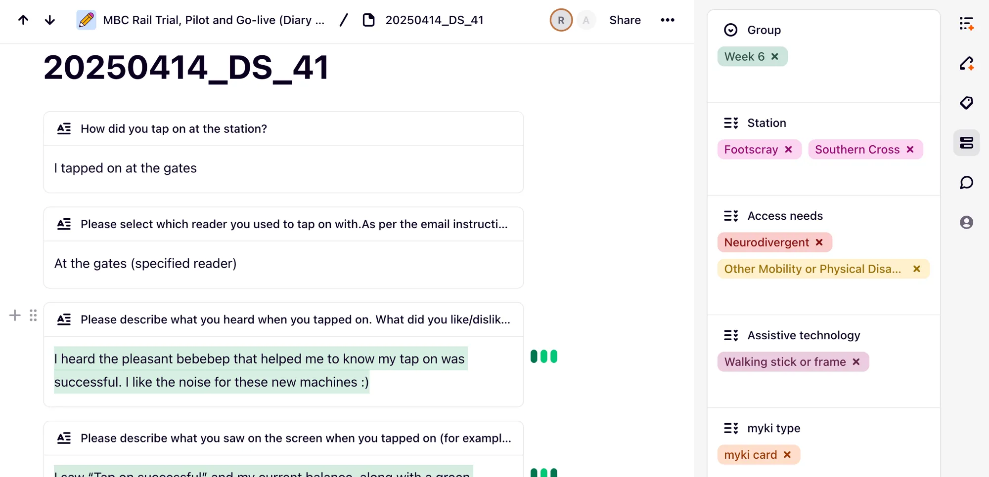 Diary study entries in the research tool