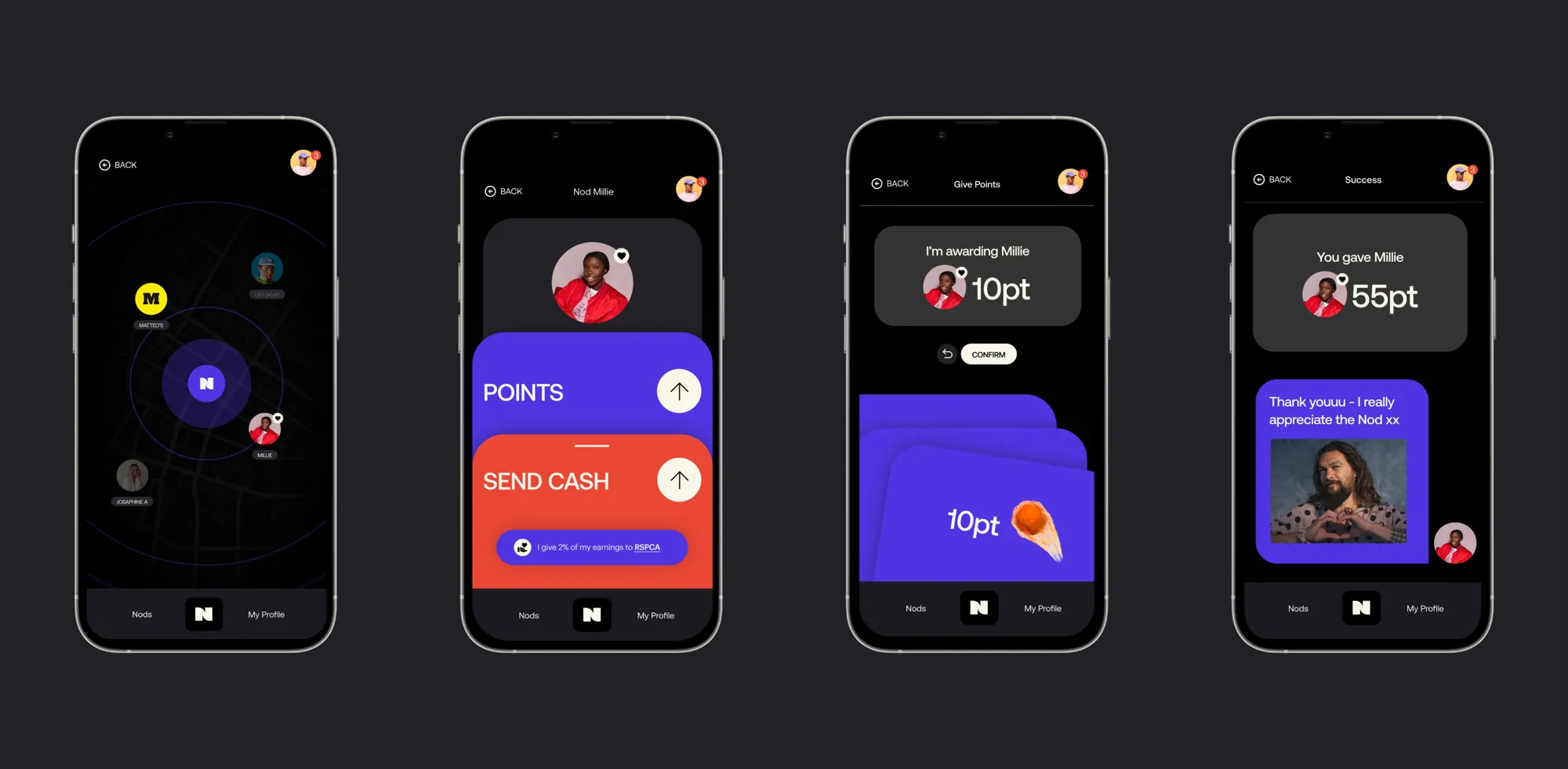 Four Nod app screens: points, send cash and rewards