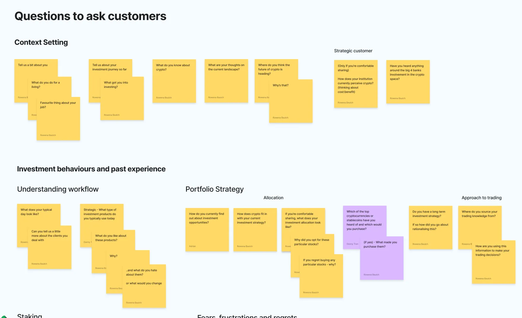 Sticky notes of customer research questions