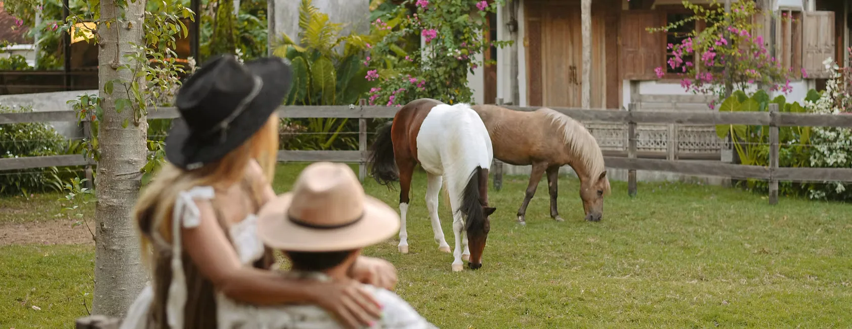 Two riders watching horses graze at the Salty Cowboy sanctuary in Bali