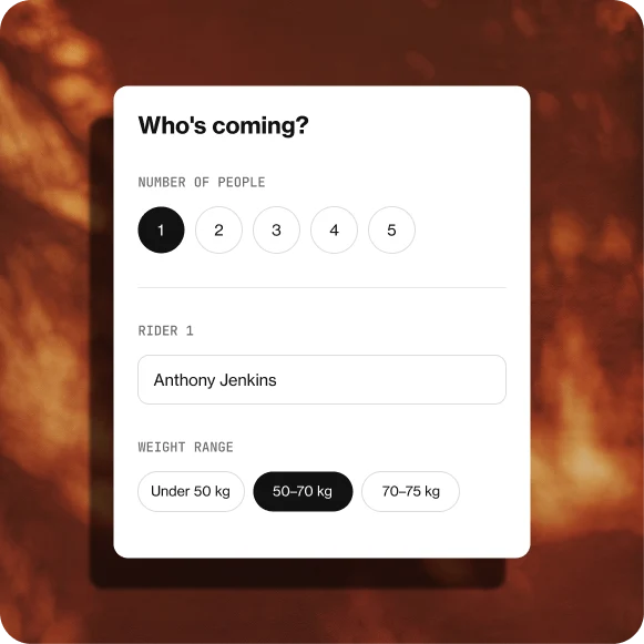 Booking step: who’s coming, with number of riders and weight range