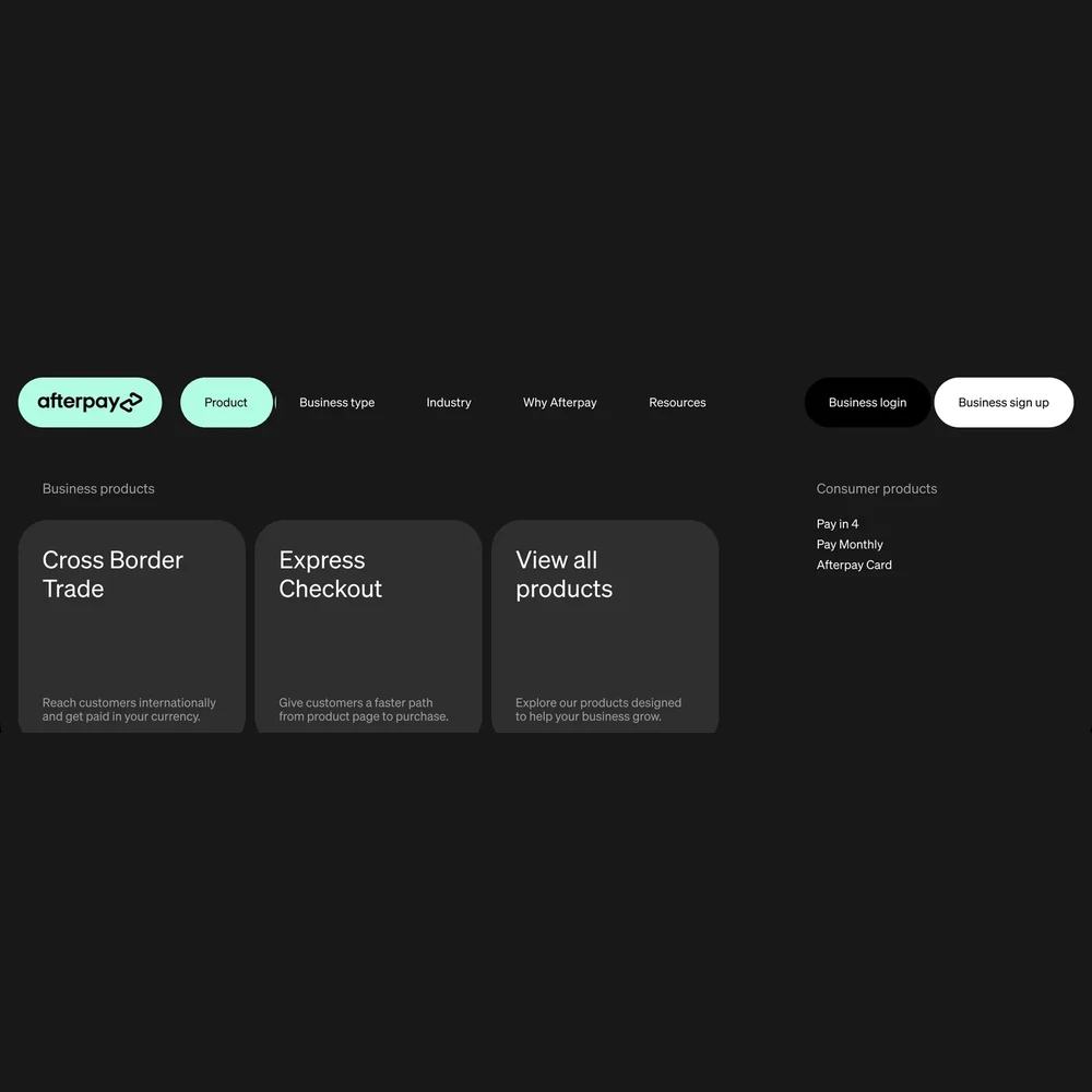 The Afterpay business site’s main navigation, open on Product