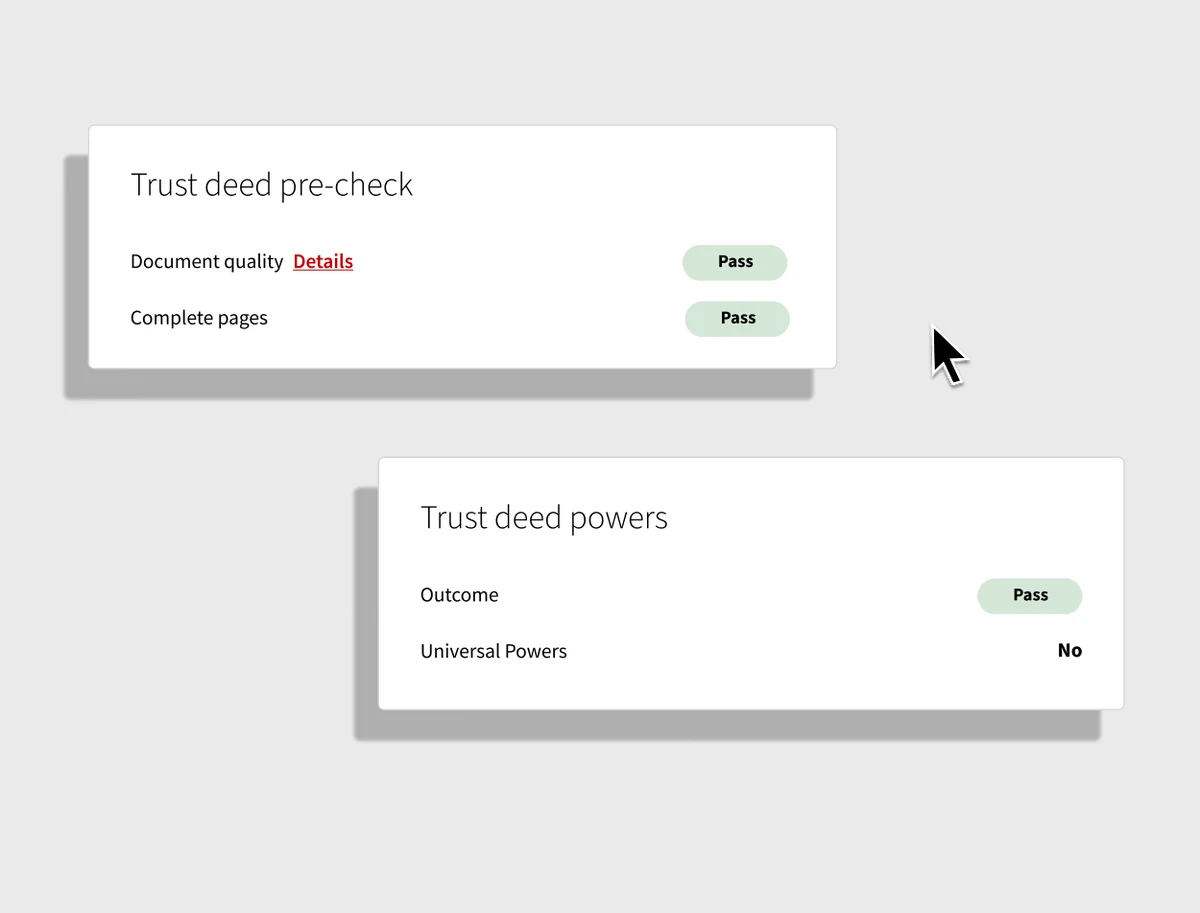 Legal Document Review Tool cover: trust deed pre-check and trust deed powers cards